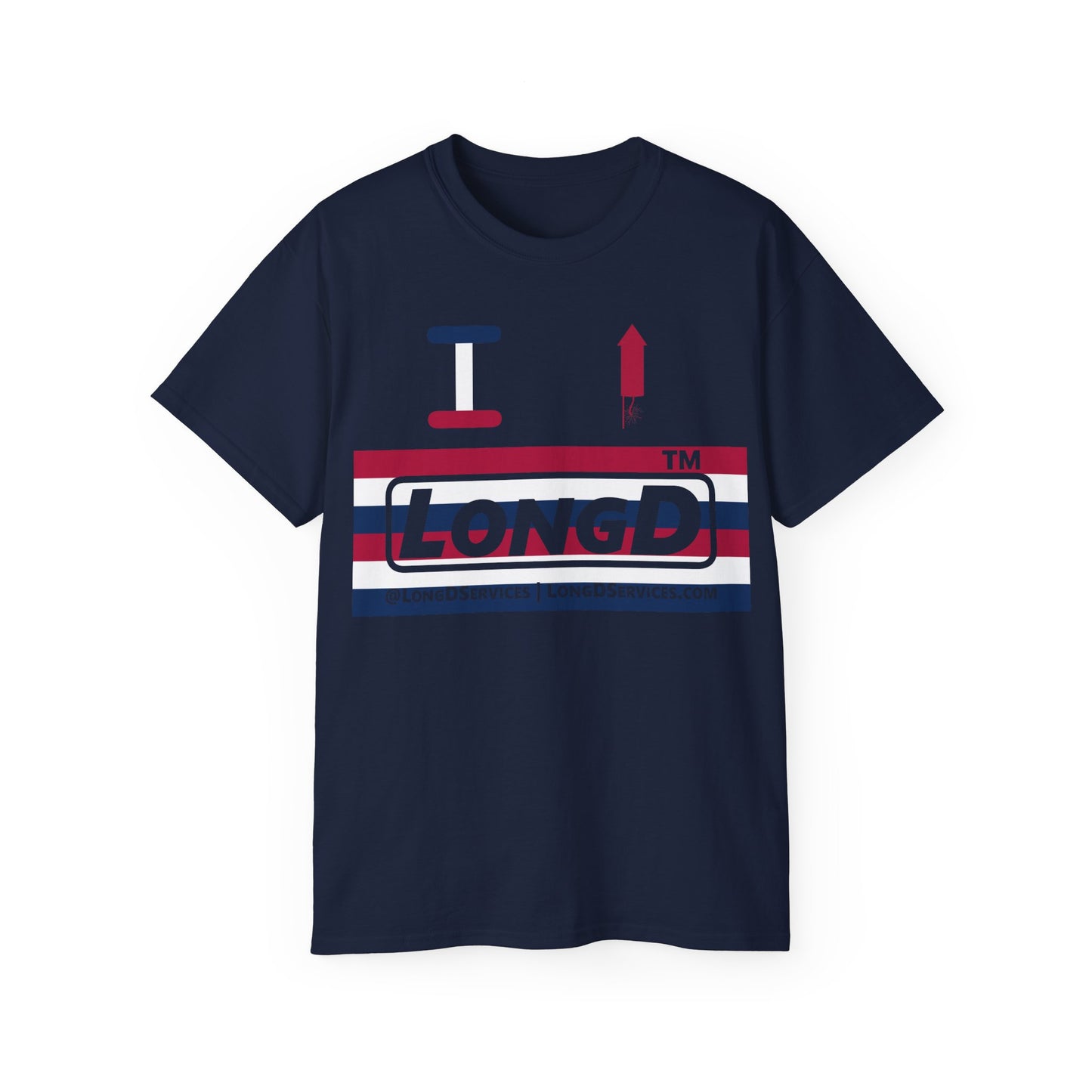 I firecracker LongD negative horizontal 6-striped tag-domain logo cotton tee
