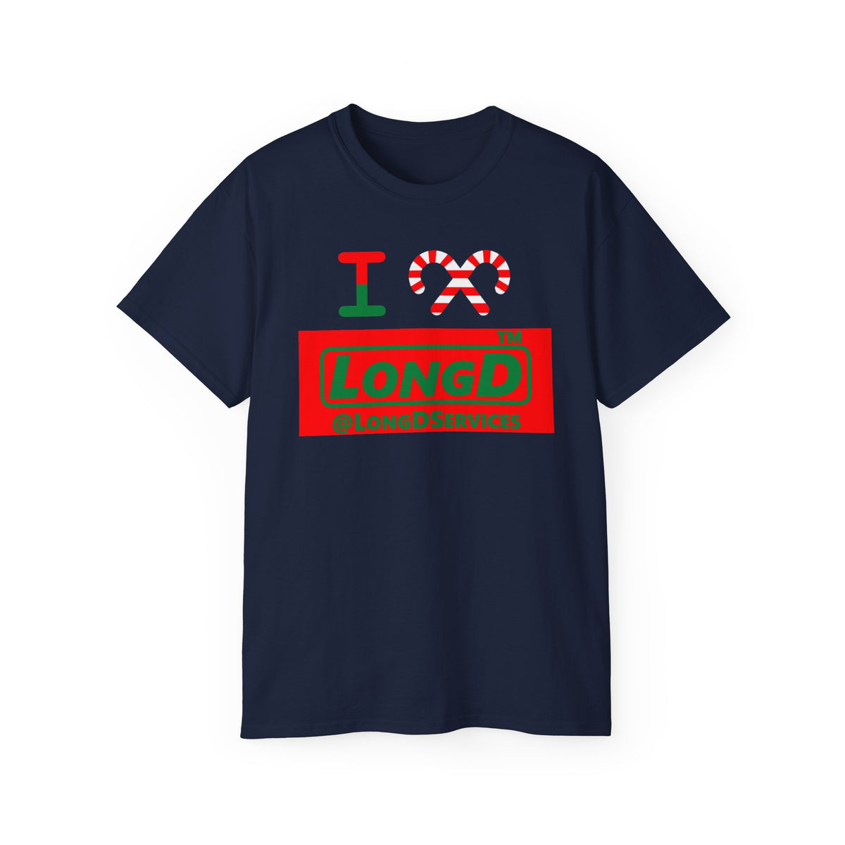 I candy cane LongD Tag logo positive green on negative red cotton tee