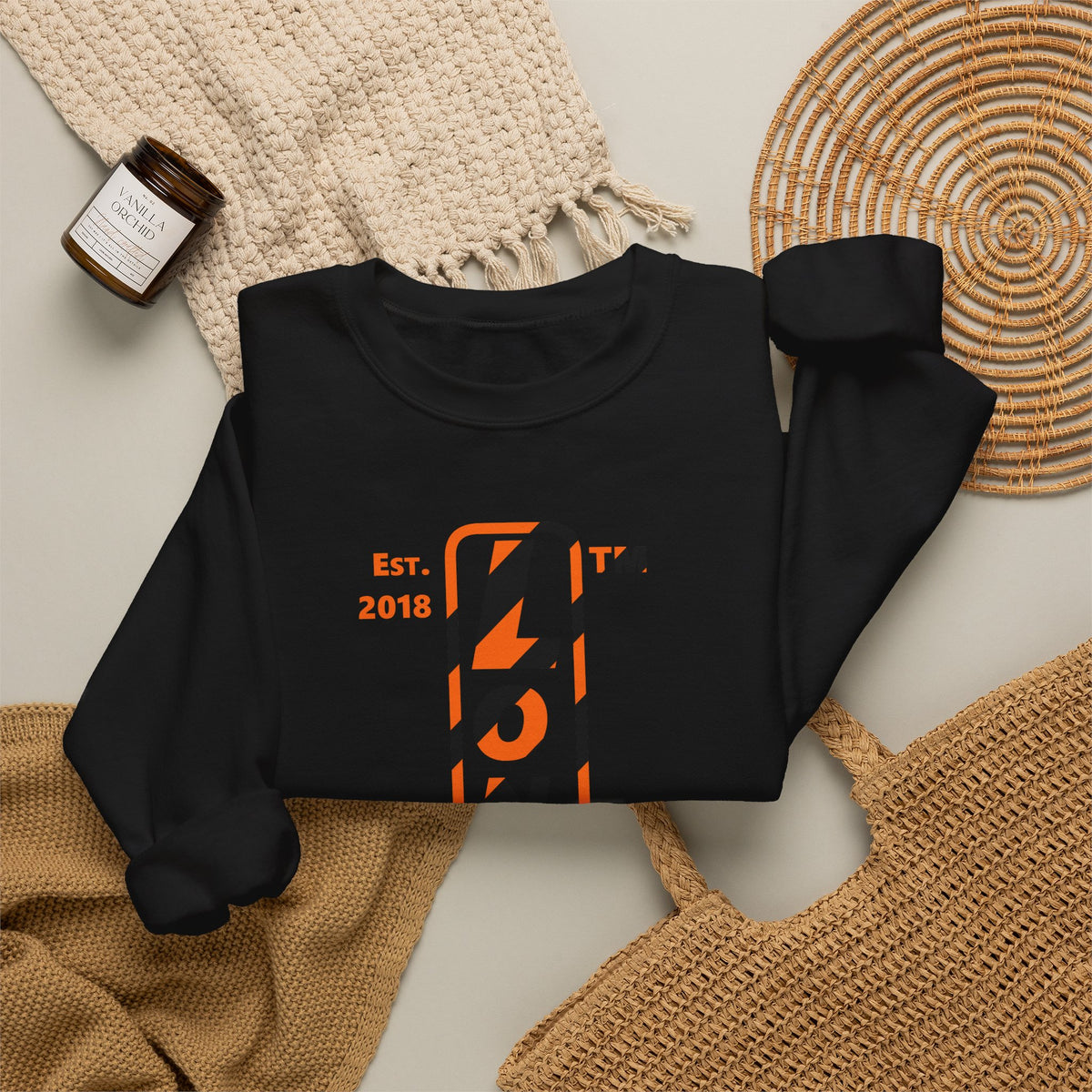 LongD Hyde Park positive upright pixel-weighted 12-striped 4-print logo (Halloween colors) crewneck sweatshirt