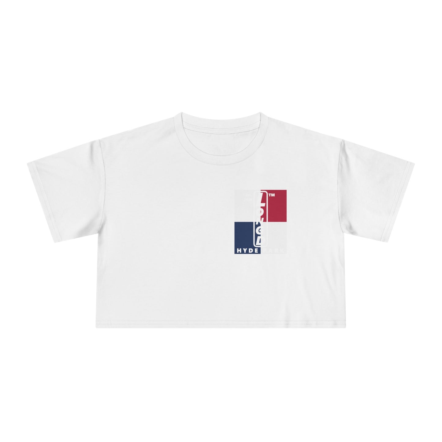 Negative quarters upright single-breasted Hyde Park logo crop tee (Patriotic colors)