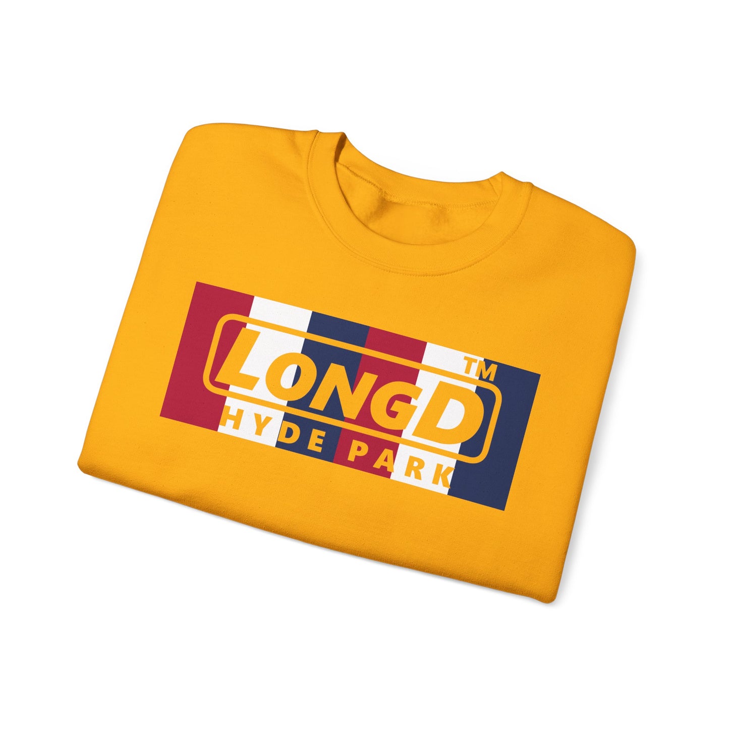 LongD negative vertical 6-striped Hyde Park logo crewneck sweatshirt (patriotic colors)