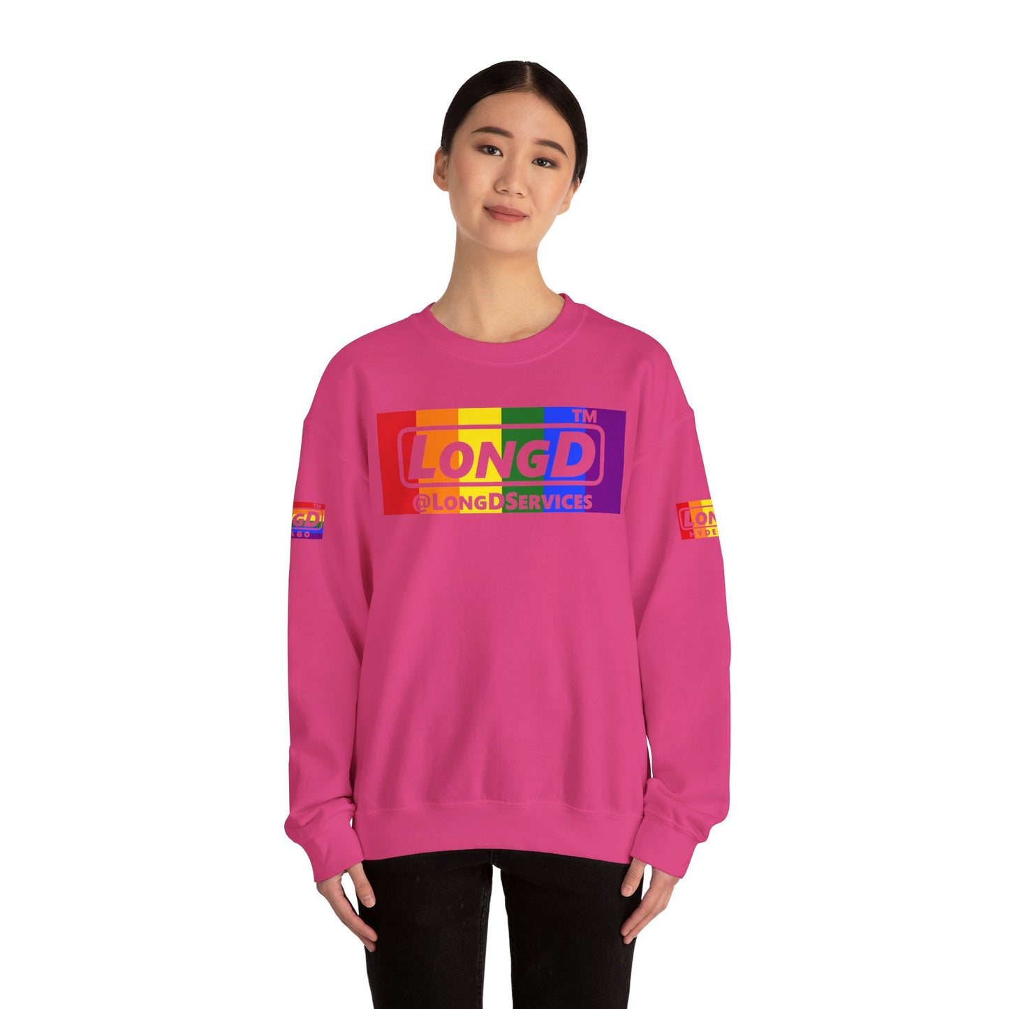 LongD official basic 4-print tag logo crewneck sweatshirt with Pride heart