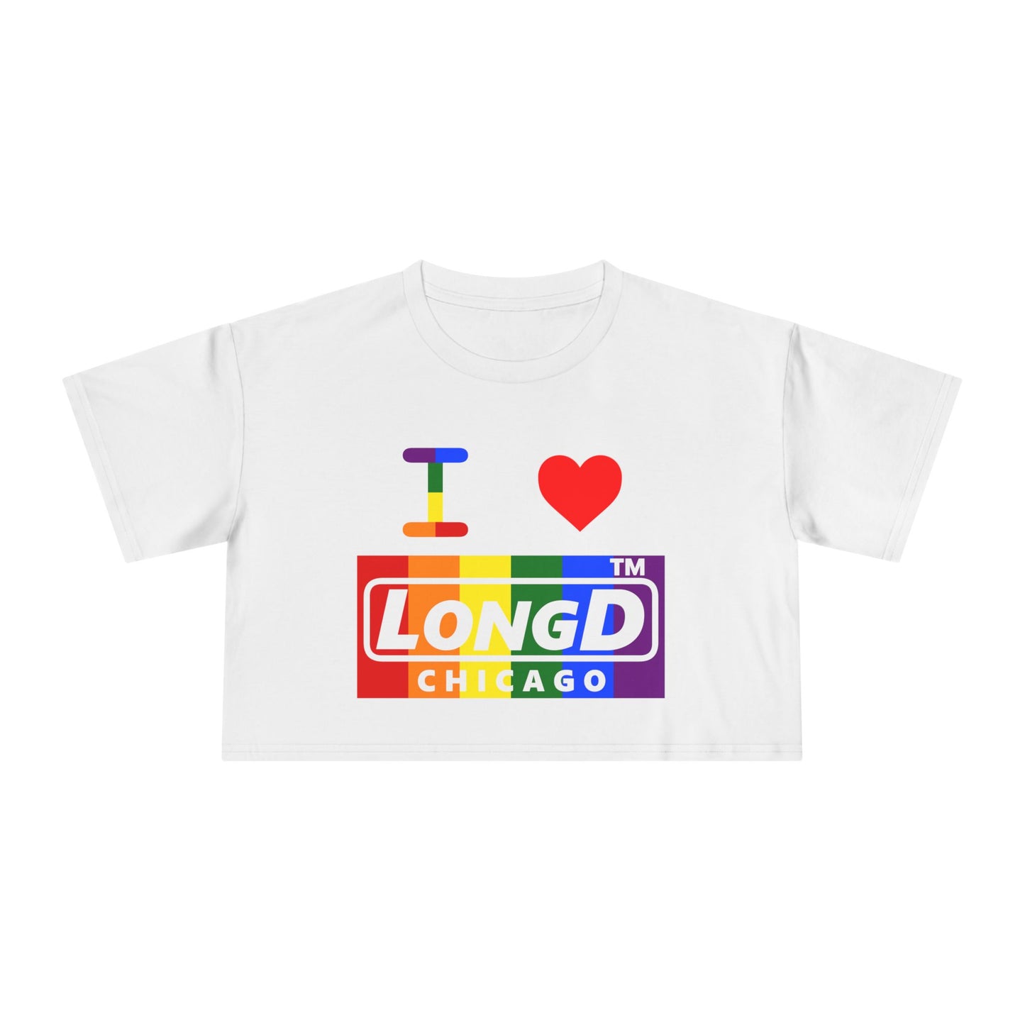 I Luv LongD negative vertical 6-striped Chicago logo crop tee (Pride colors)