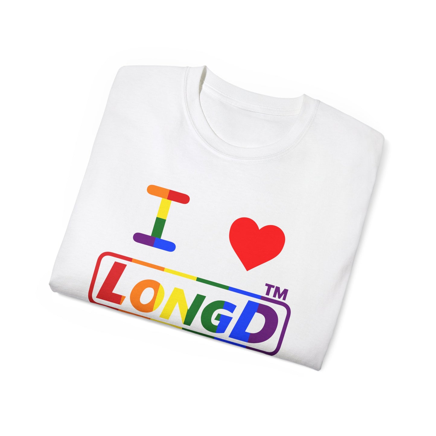 I Luv LongD positive vertical striped Hyde Park logo cotton tee (Pride colors)
