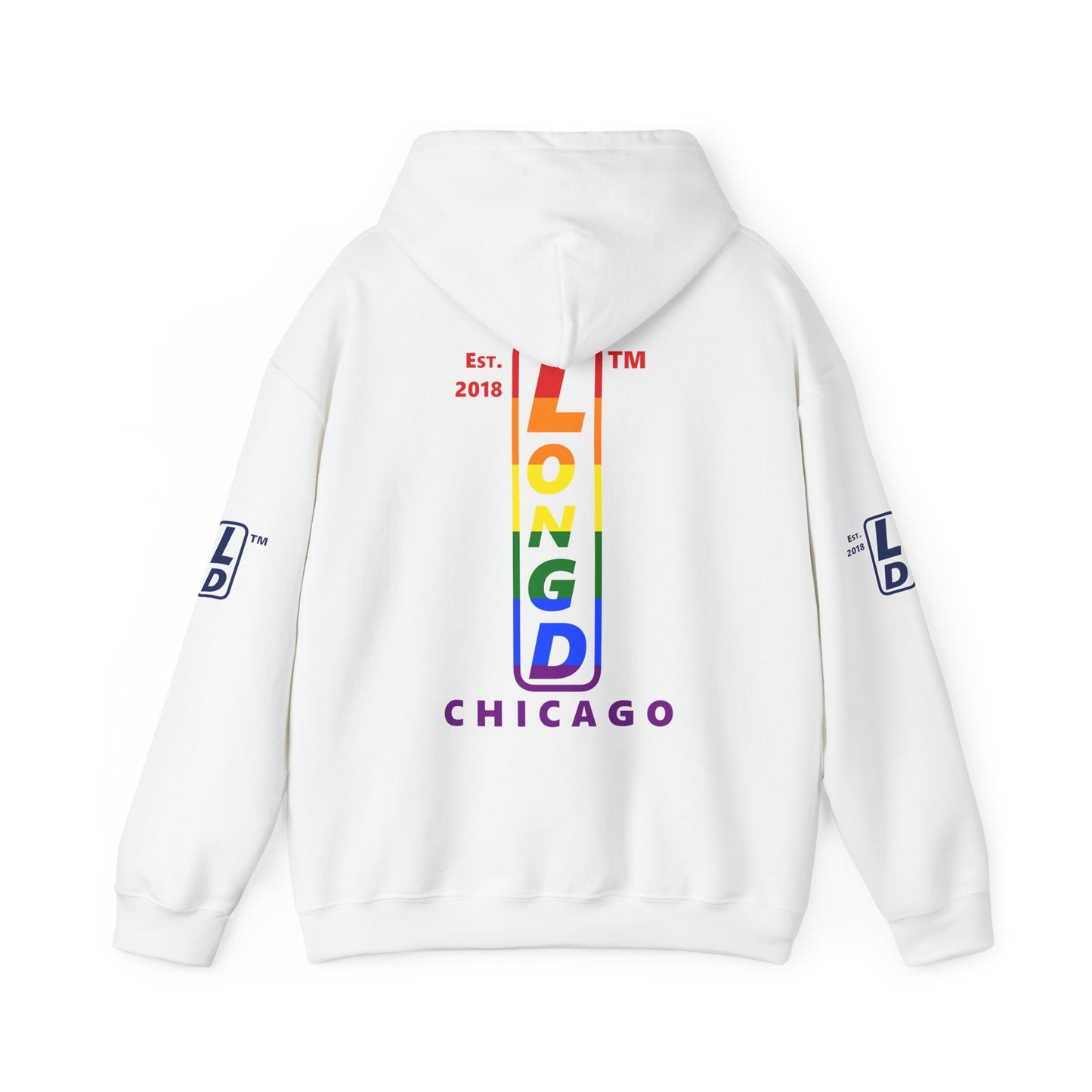 LongD® positive horizontal 6-striped Chicago 4-print upright logo hoodie (Pride colors)