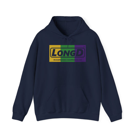 LongD® Logo Hoodie (Mardi Gras Forest Green-Royal Purple-Goldenrod Yellow negative text)
