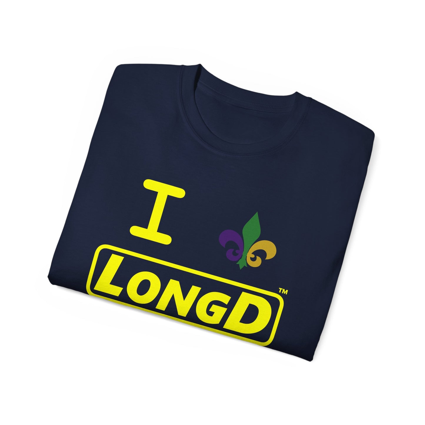I Fleur LongD® Logo Cotton Tee (yellow text & Mardi Gras colored  fleur de lis)