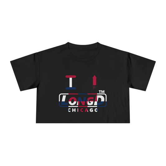 I firecracker LongD positive 2x5 double-breasted front-back Chicago Logo Crop Tee (Patriotic colors)