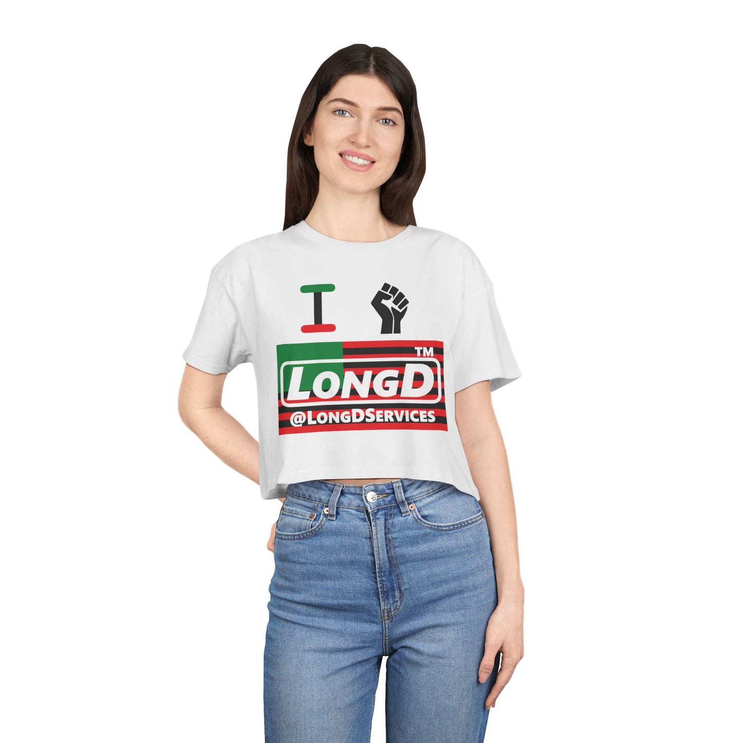 I fist LongD negative flag tag logo crop tee