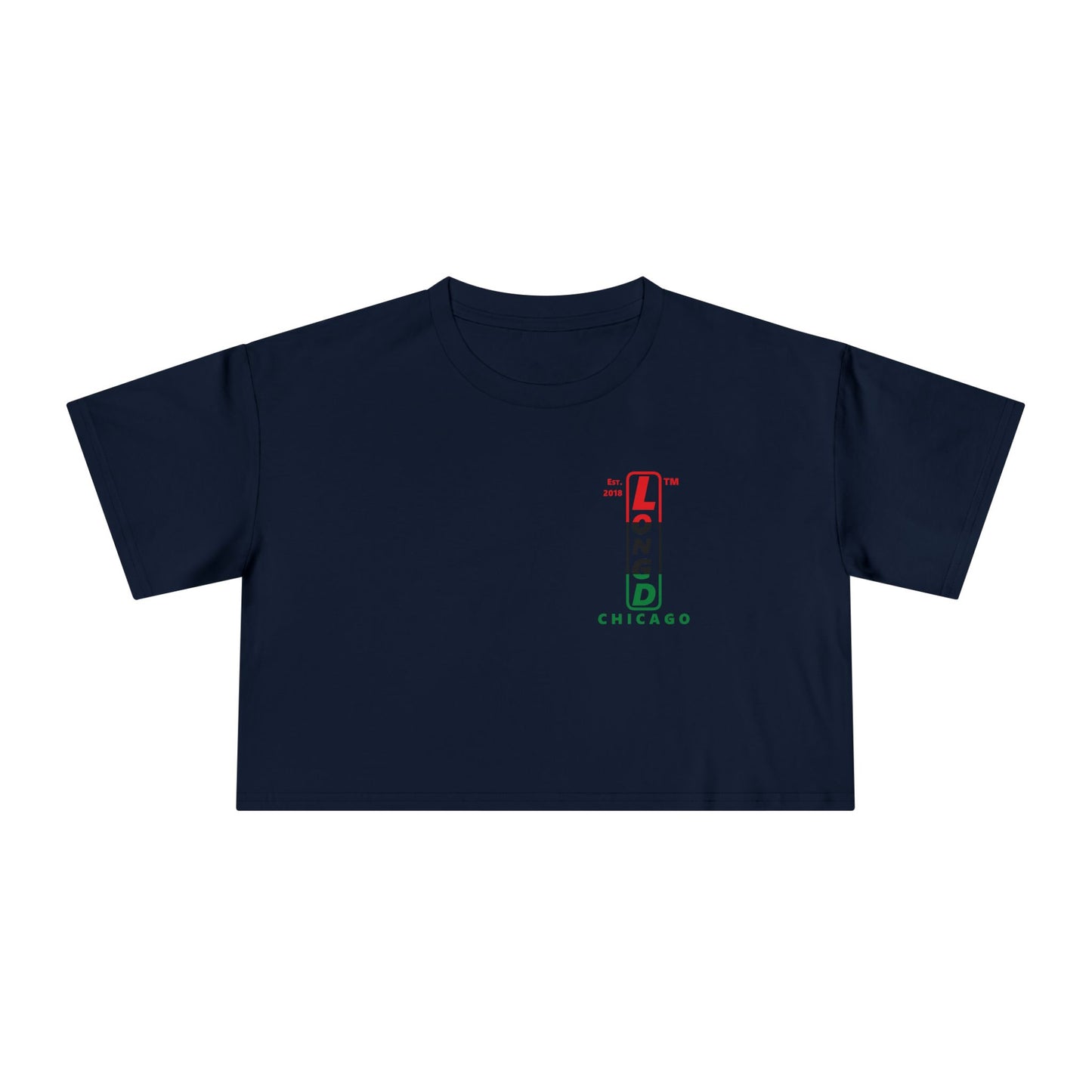 Positive horizontal 3-striped upright single-breasted Chicago logo crop tee (Juneteenth colors)