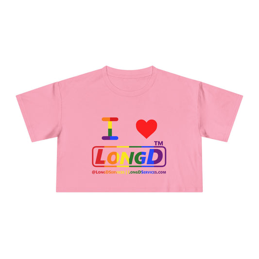 I Luv LongD positive vertical 6-striped tag-domain logo crop tee (Pride colors)