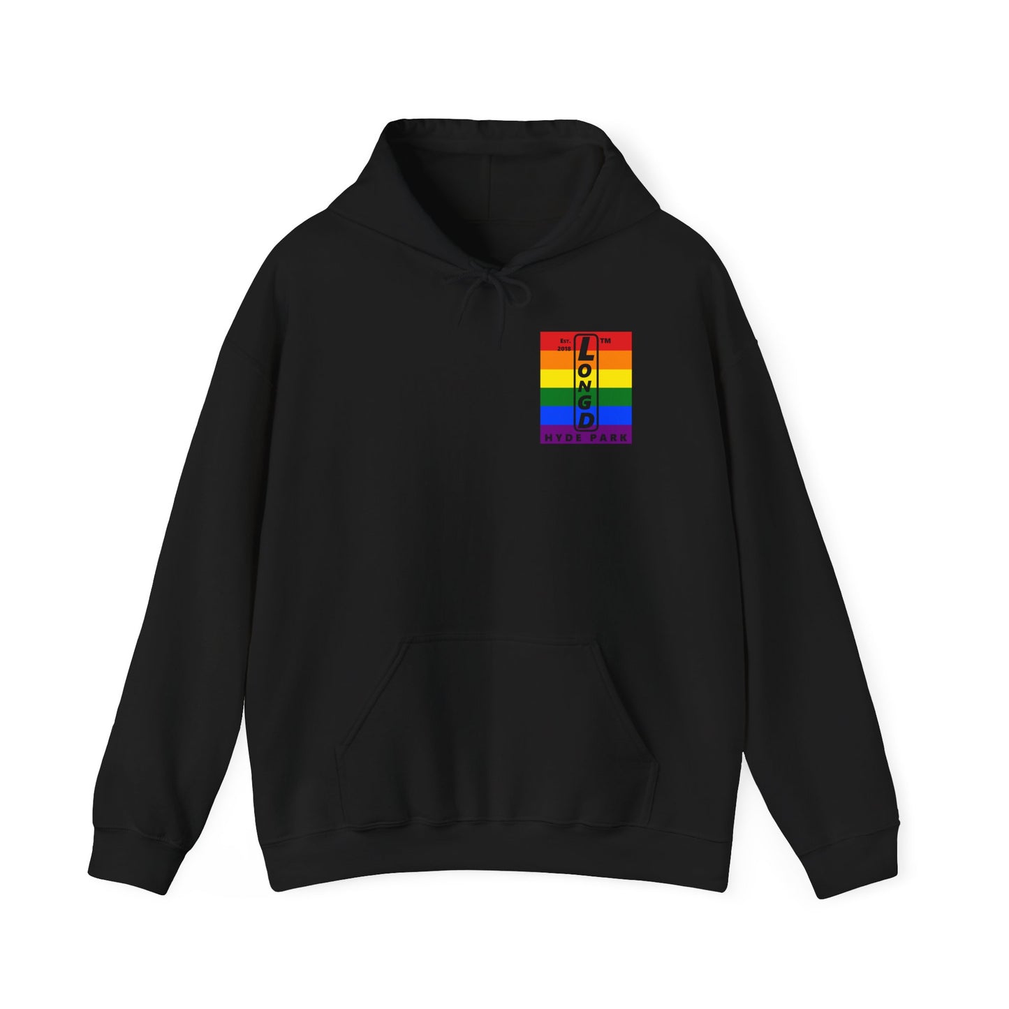 LongD single-breasted negative vertical 6-striped front-back upright Hyde Park logo hoodie (Pride colors)