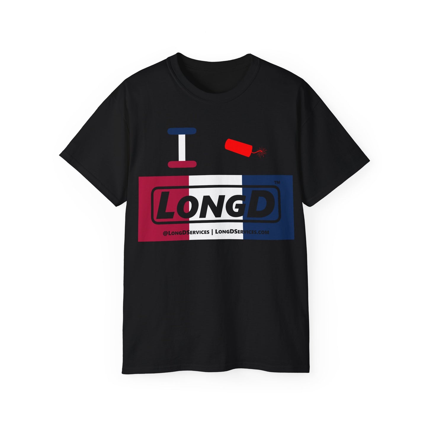 I Firecracker LongD® Logo Cotton Tee Red, White and Blue negative thirds text