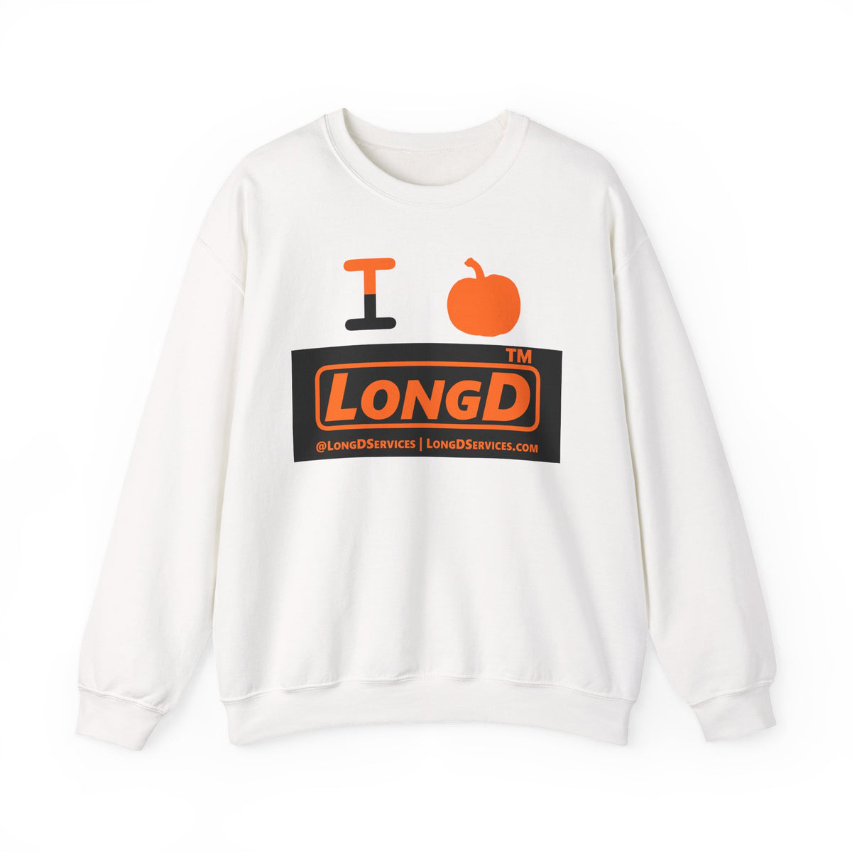 I pumpkin LongD Tag-domain logo positive orange on negative black crewneck sweatshirt