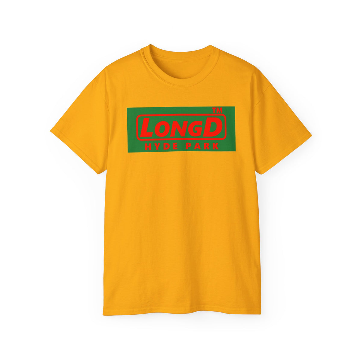 LongD Hyde Park logo positive red on negative green (Xmas colors) cotton tee