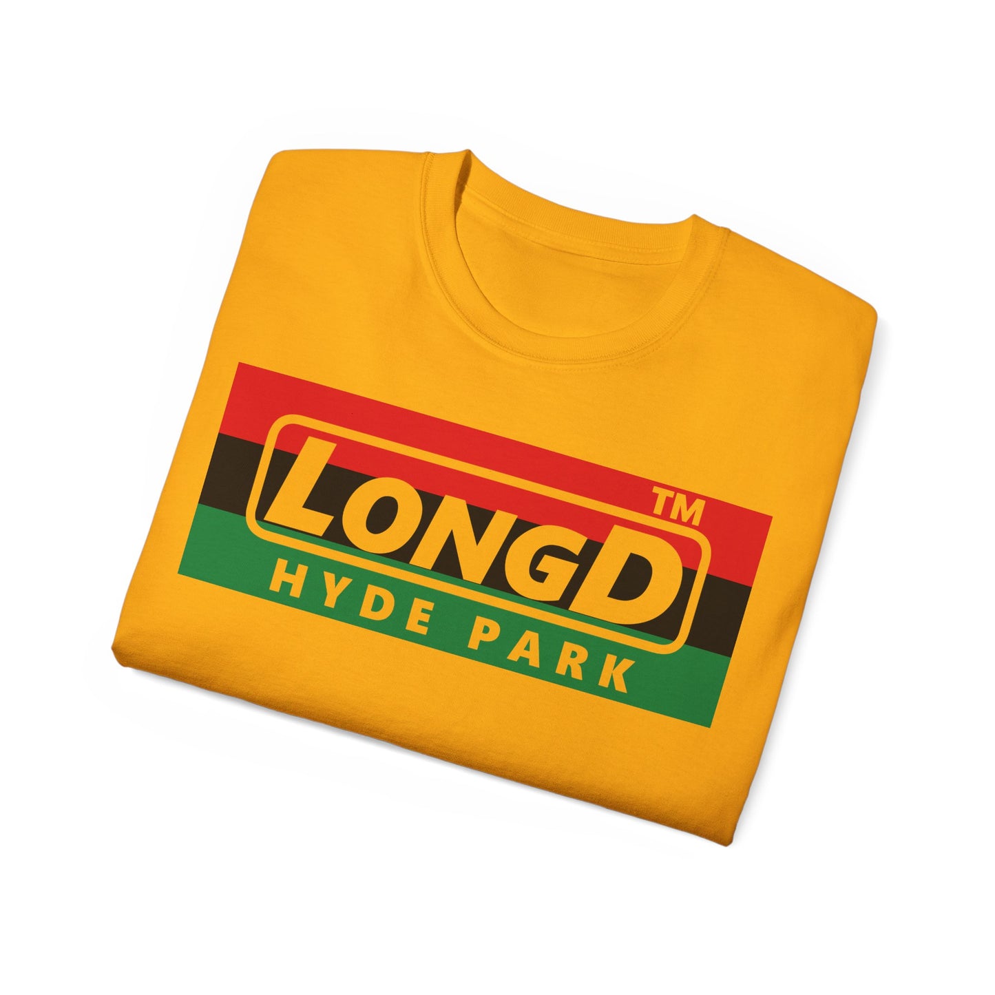 LongD negative horizontal 3-striped Hyde Park logo cotton tee (Juneteenth colors)