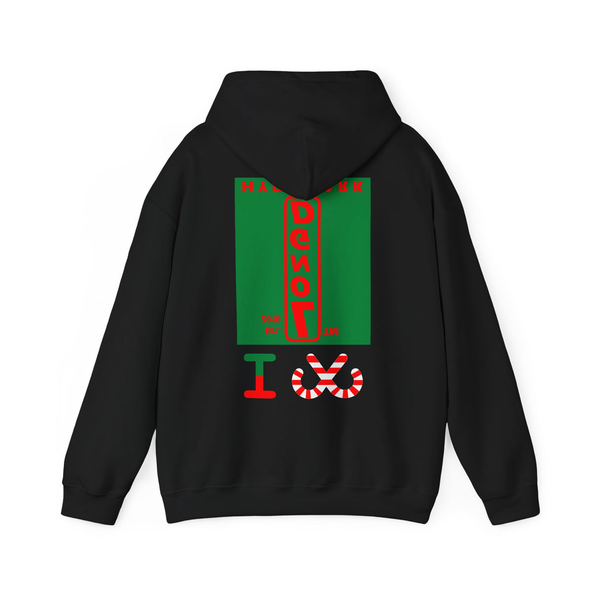 I candy cane LongD Hyde Park upright front-back logo positive red on negative green hoodie