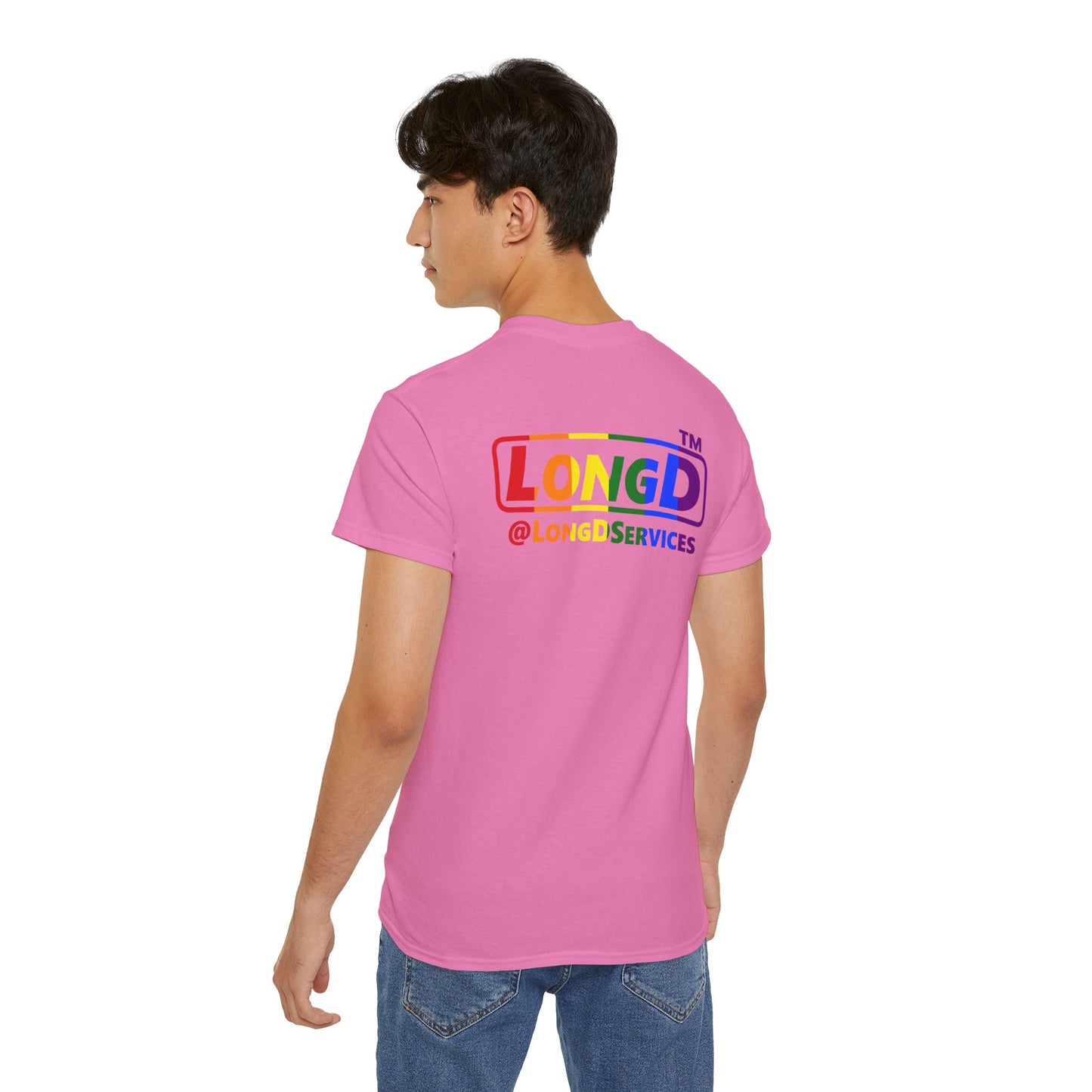 LongD positive vertical striped front-back Hyde Park logo cotton tee (Pride colors)