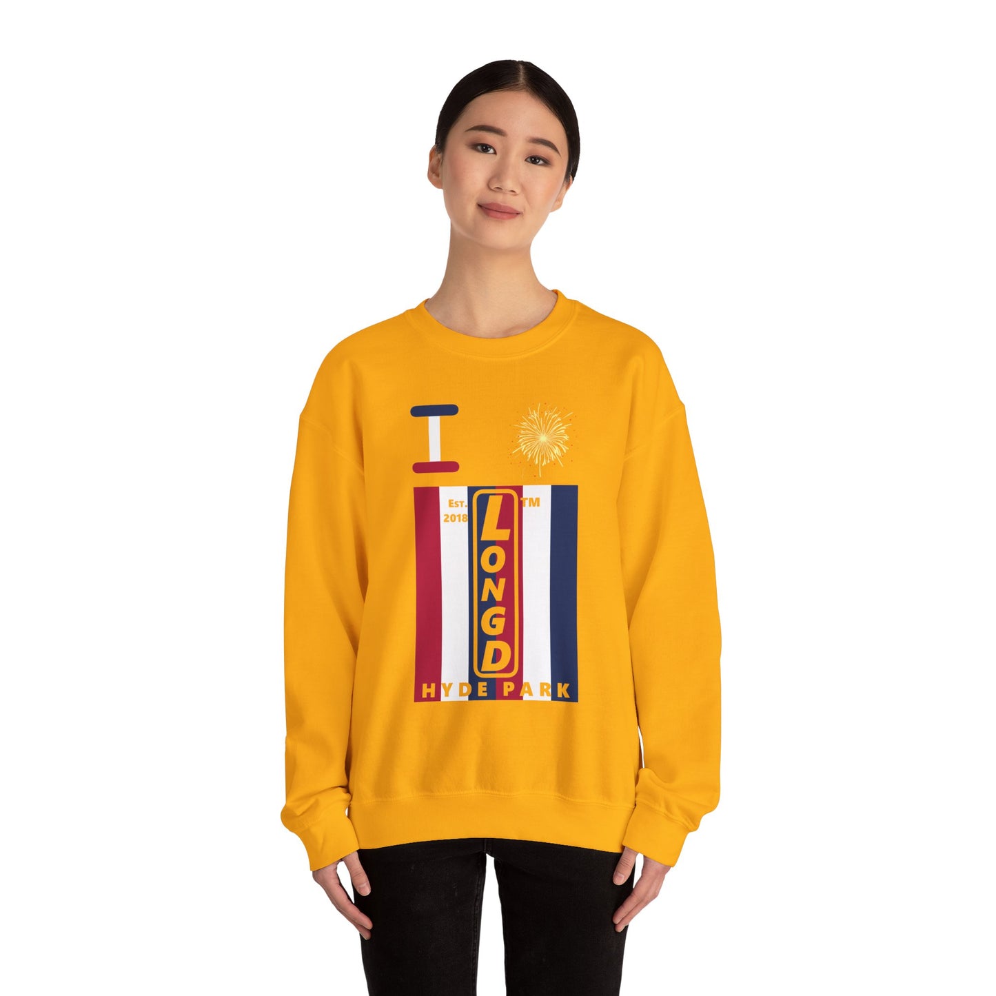I Burst LongD negative vertical 6-striped Hyde Park upright logo crewneck sweatshirt