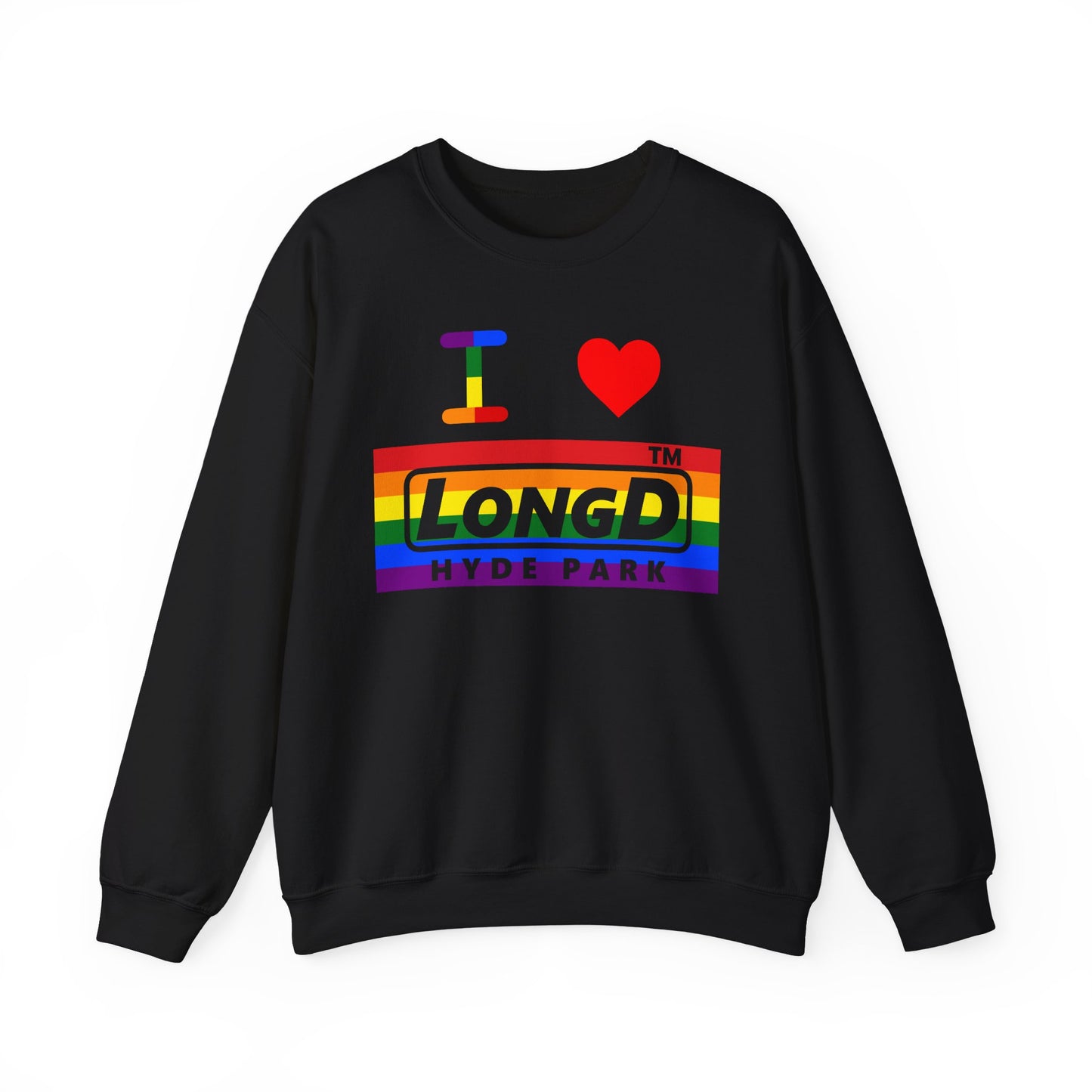 I Luv LongD negative horizontal striped Hyde Park logo crewneck sweatshirt (Pride colors)