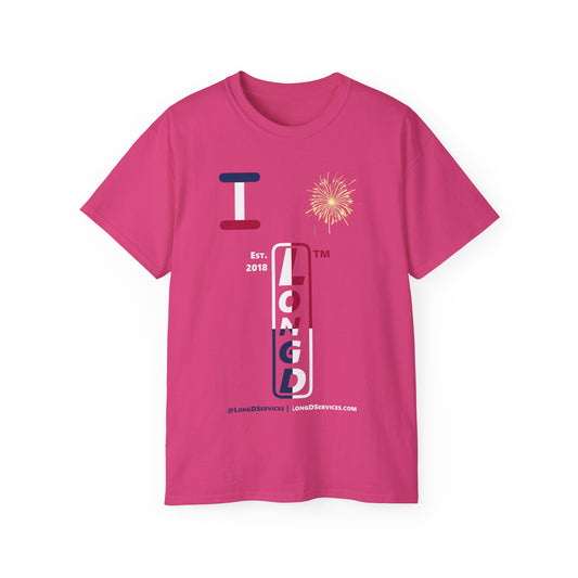 I Burst LongD cotton tee positive quarters tag-domain upright logo (Patriotic colors)