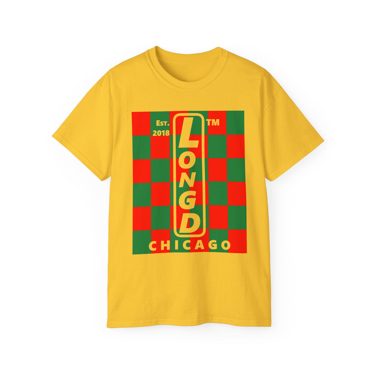 LongD Chicago negative upright checkered front-back logo (Xmas colors) cotton tee