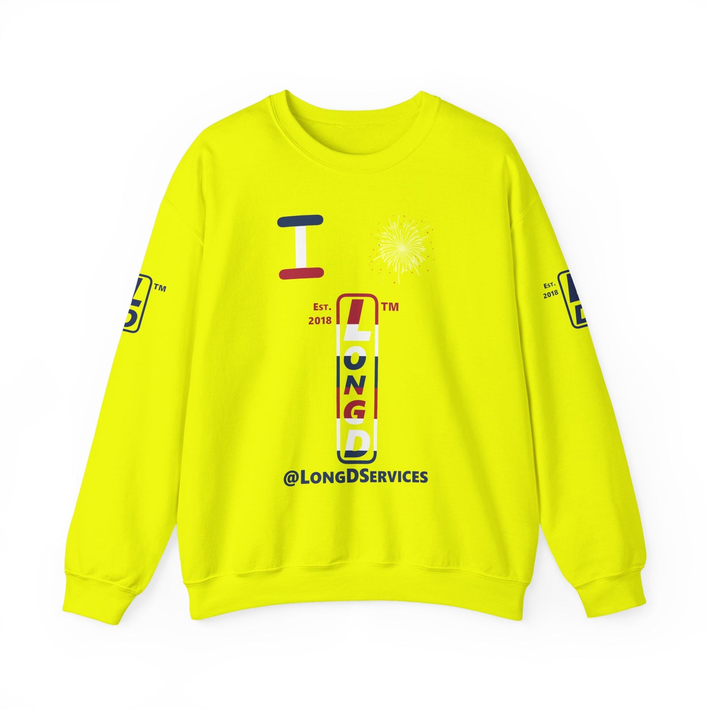 I Burst LongD positive horizontal 6-striped tag upright 4-print logo crewneck sweatshirt