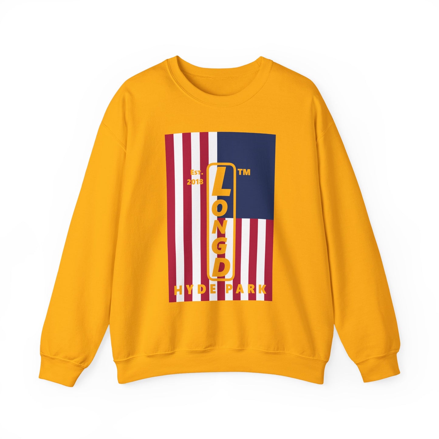 LongD negative cropped flag Hyde Park upright logo crewneck sweatshirt (patriotic colors)