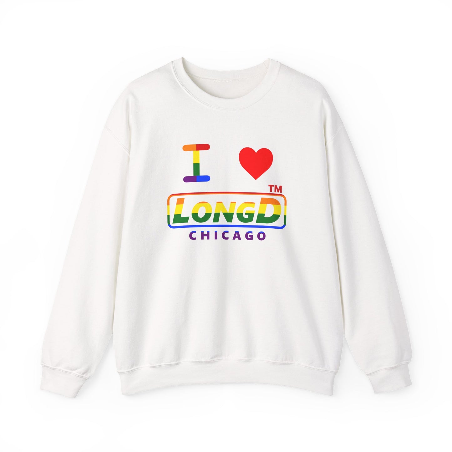 I Luv LongD positive horizontal striped front-back Chicago logo crewneck sweatshirt (Pride colors)