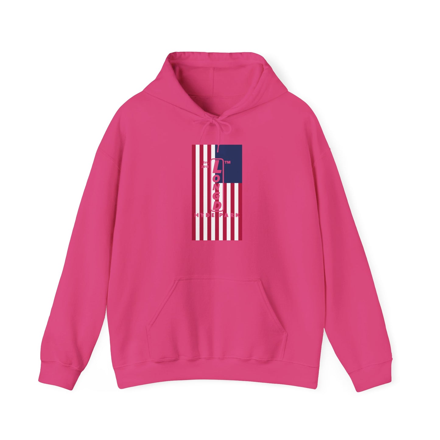 LongD® negative flag upright Hyde Park logo hoodie (Patriotic colors)