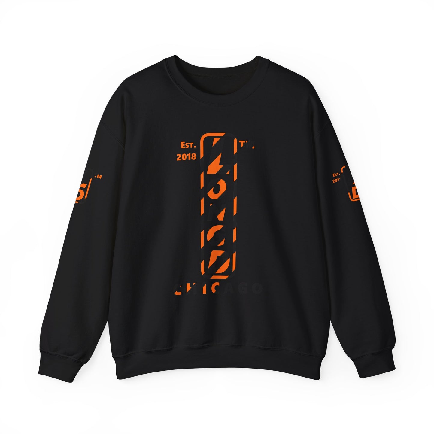 LongD Chicago positive upright pixel-weighted 12-striped 4-print logo (Halloween colors) crewneck sweatshirt