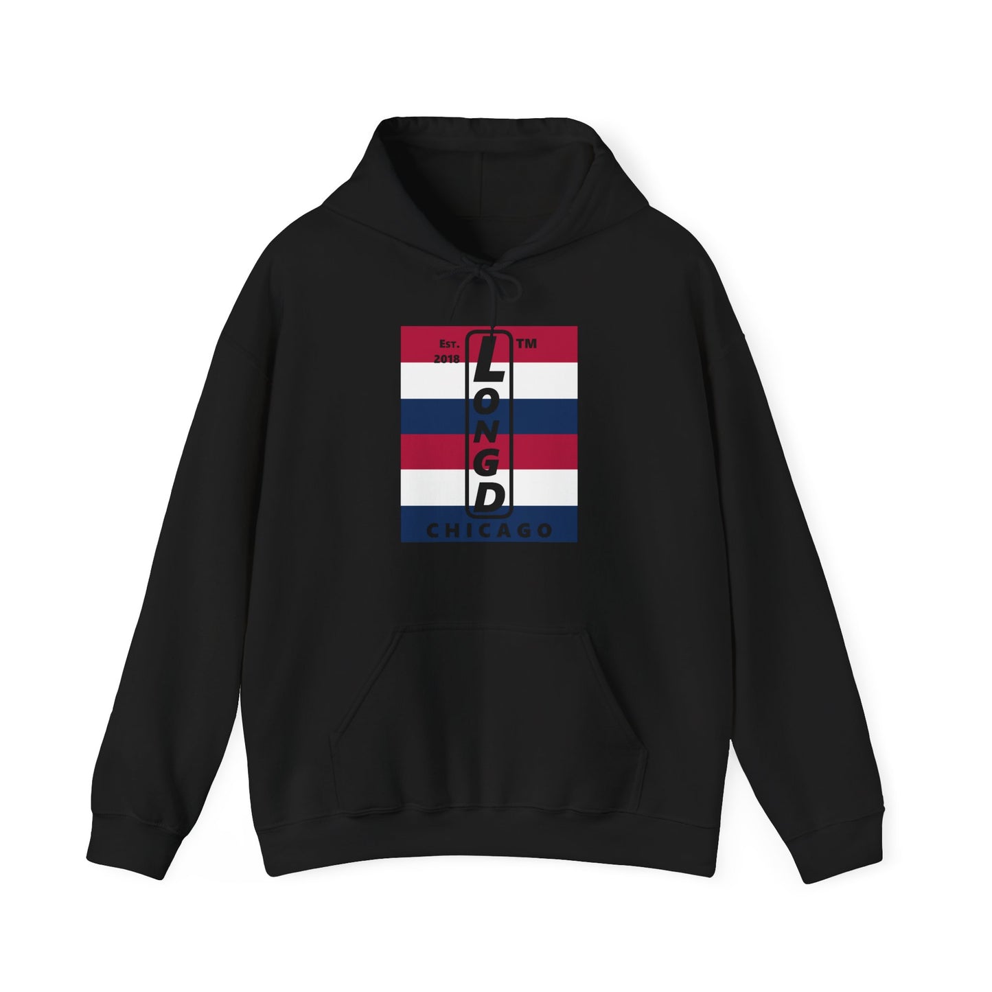 LongD® negative horizontal 6-striped upright Chicago logo hoodie