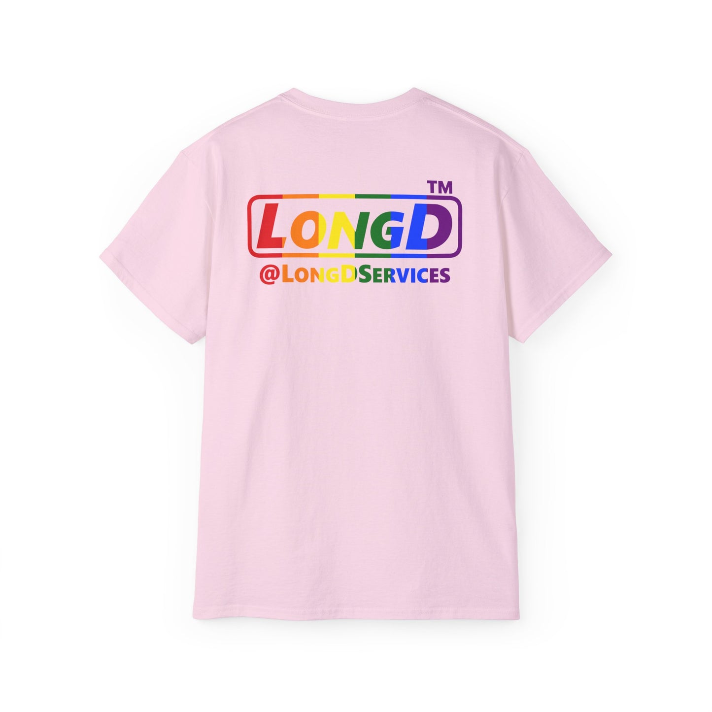 LongD positive vertical striped front-back Hyde Park logo cotton tee (Pride colors)