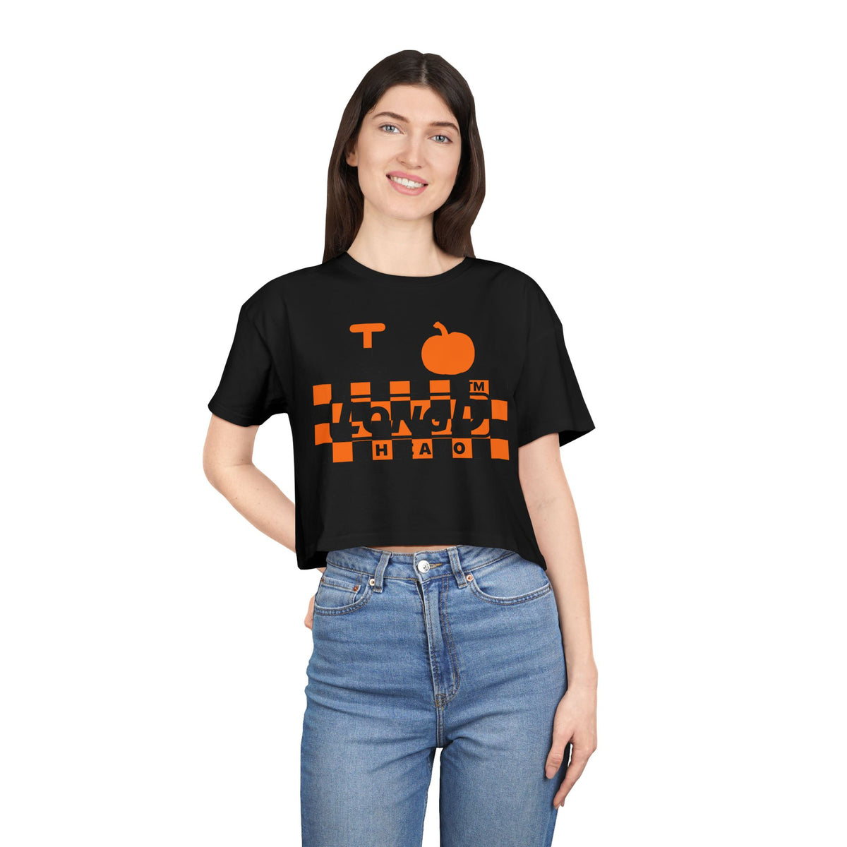 I pumpkin LongD Chicago negative checkered logo crop tee