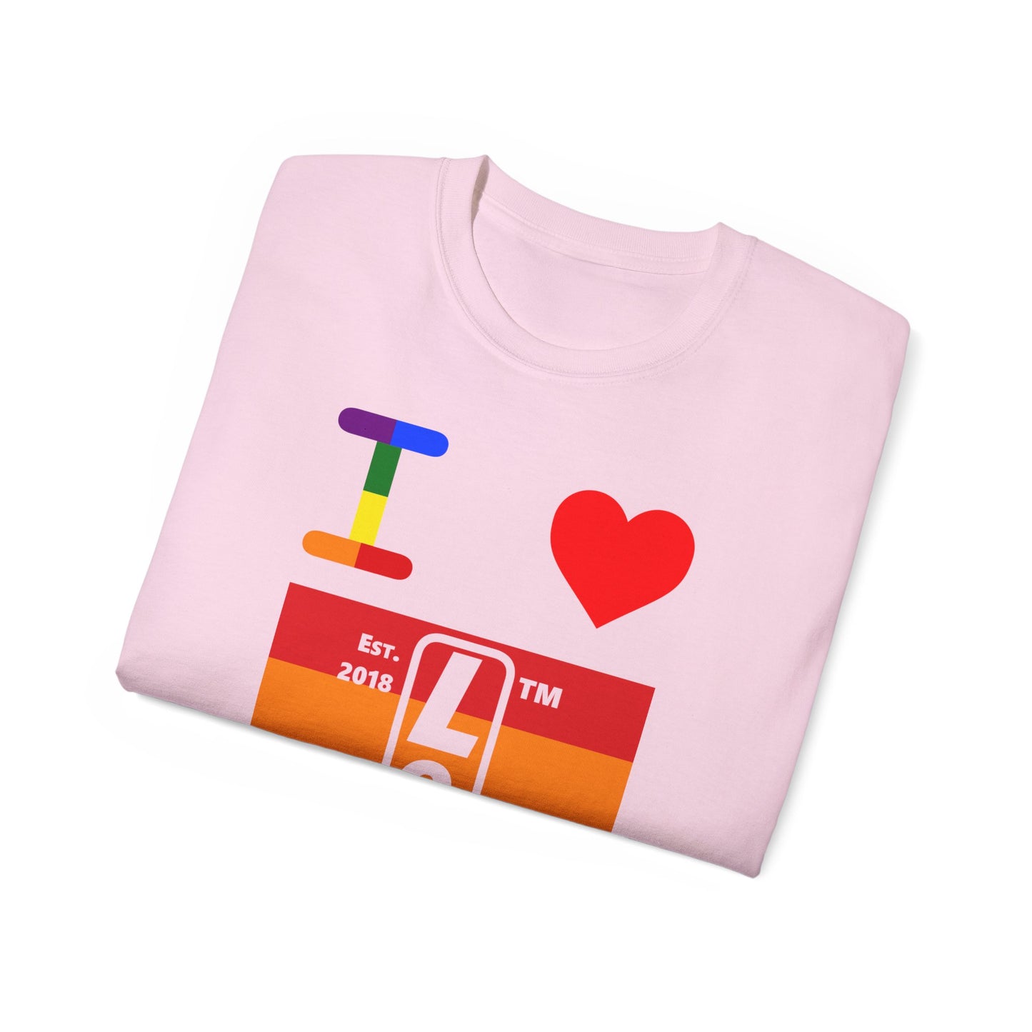 I Luv LongD Cotton Tee negative horizontal striped Chicago upright logo (Pride colors)