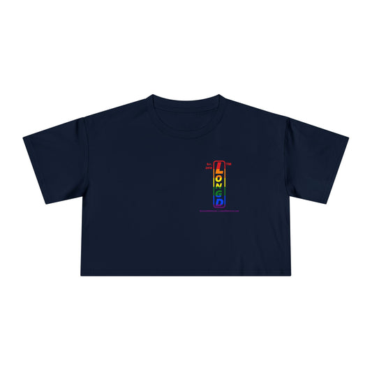 Positive horizontal 6-striped upright single-breasted tag-domain logo crop tee (Pride colors)