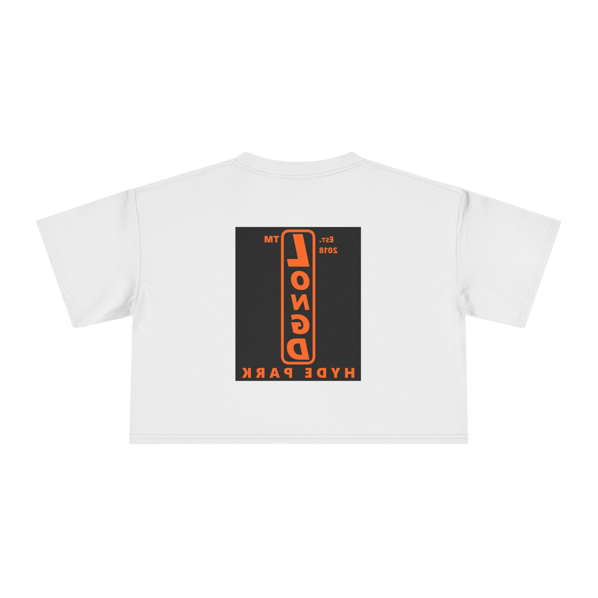 LongD Hyde Park upright front-back logo orange (FE7518) on Black (000000) crop tee