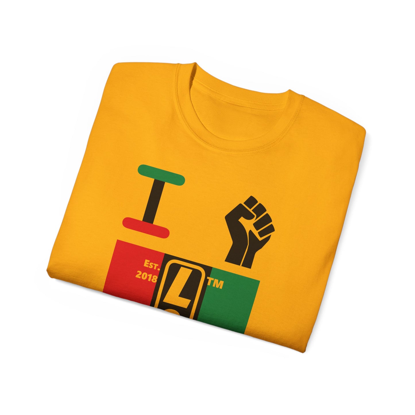 I fist LongD Cotton Tee negative vertical striped Chicago upright logo (Juneteenth colors)