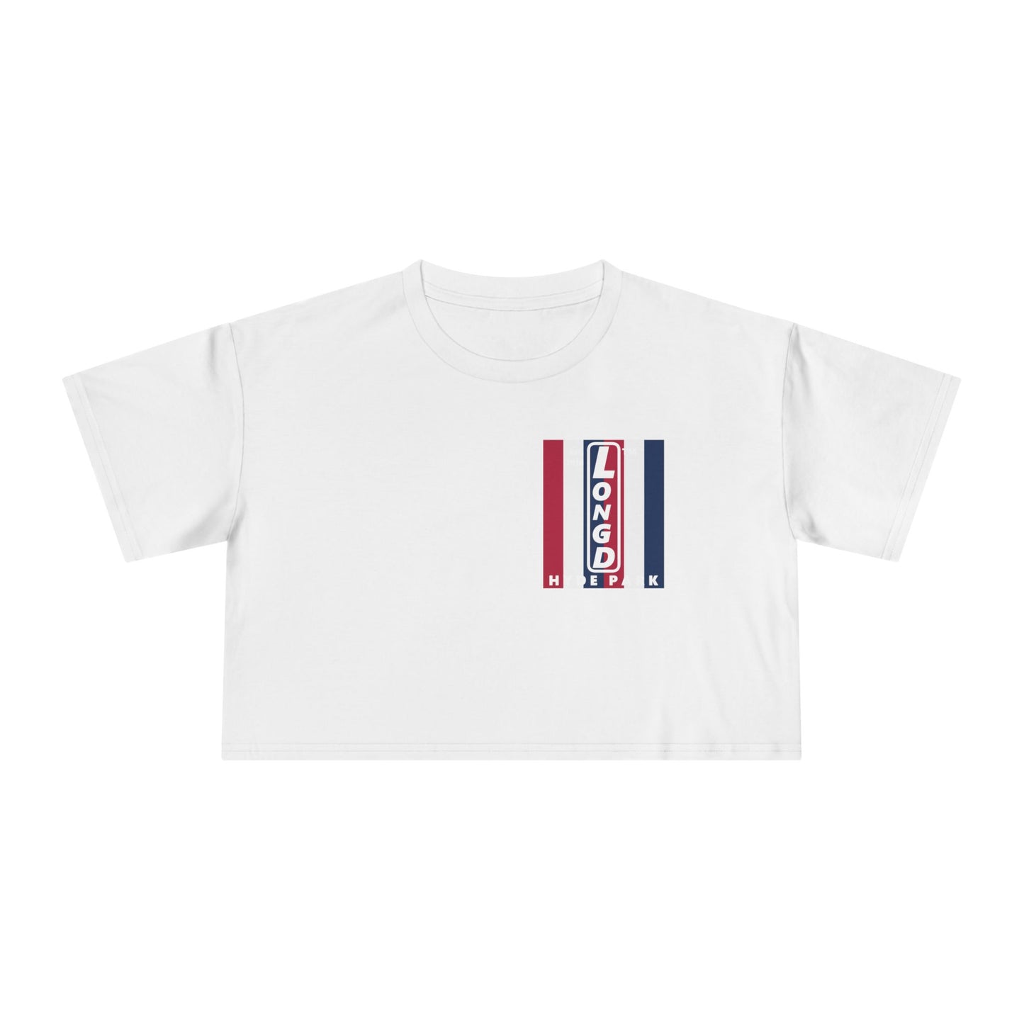 Negative vertical 6-striped upright single-breasted Hyde Park logo crop tee (Patriotic colors)
