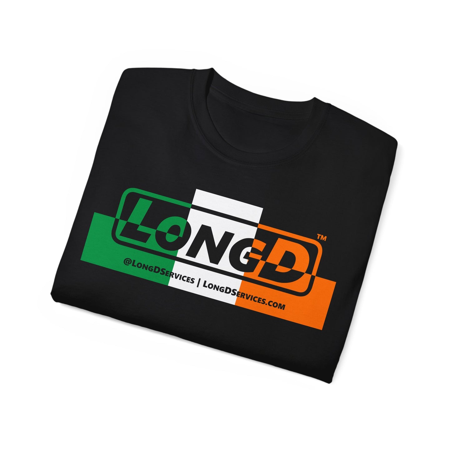 LongD® Logo Cotton Tee (St. Patrick's Day -Irish Green, White and Irish Orange thirds top-bottom outer positive-negative split)