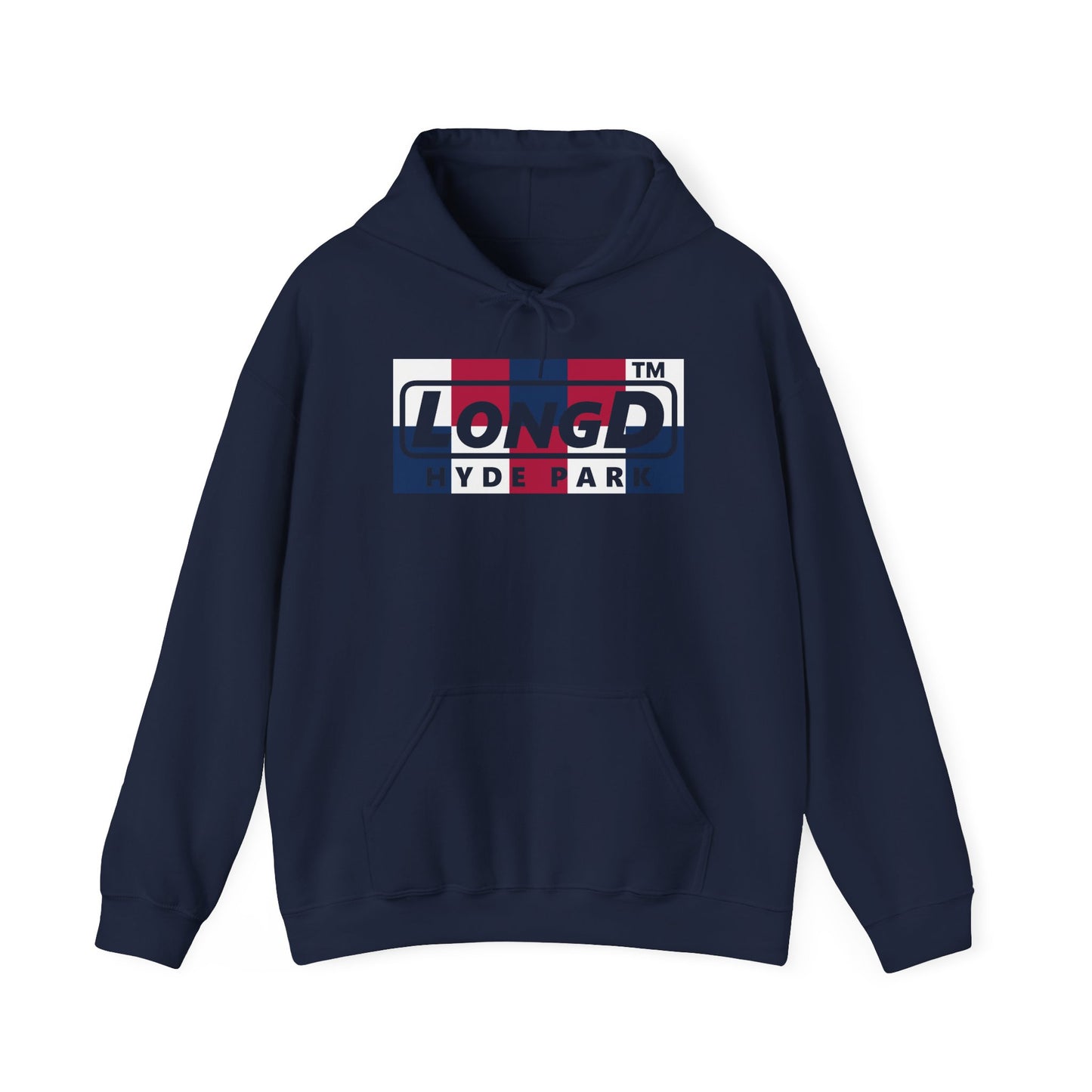 LongD® negative 2x5 Hyde Park logo hoodie (patriotic colors)