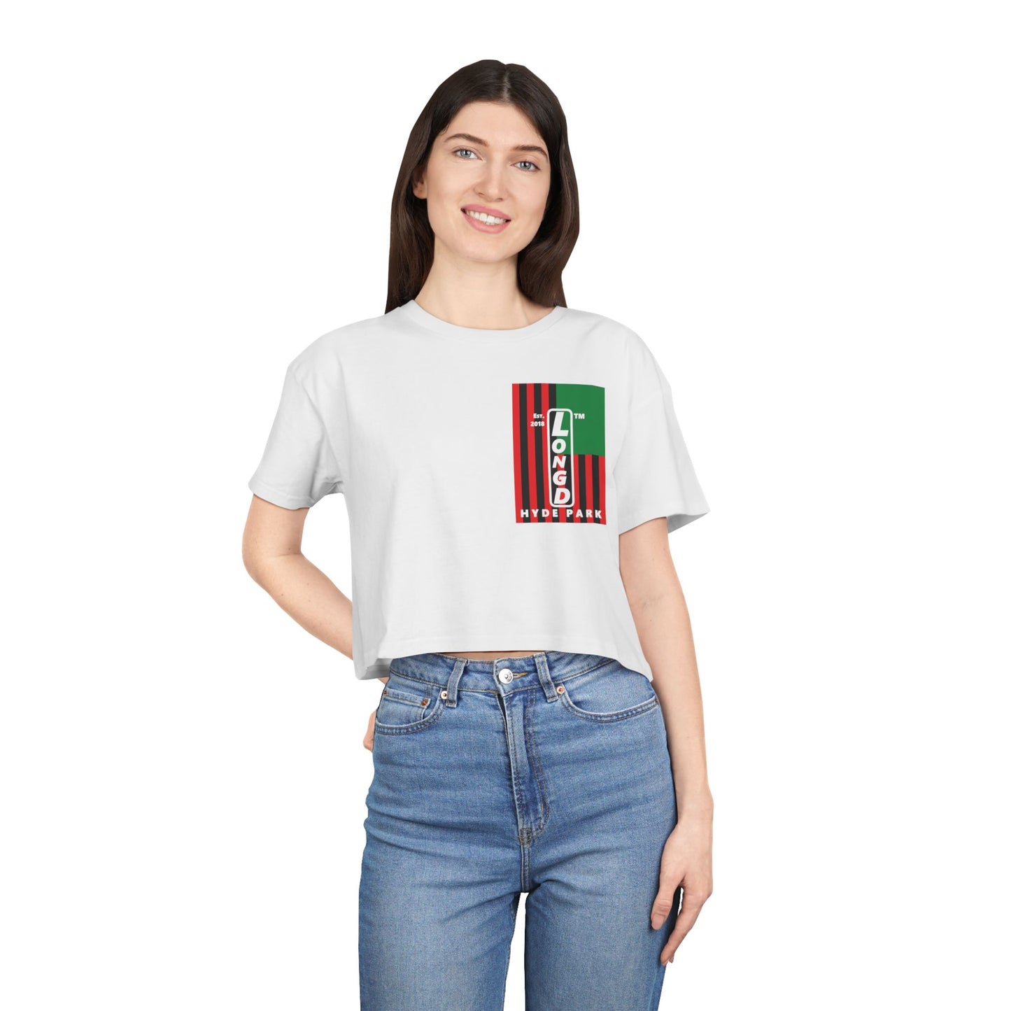 Negative flag upright single-breasted Hyde Park logo crop tee (Juneteenth colors)