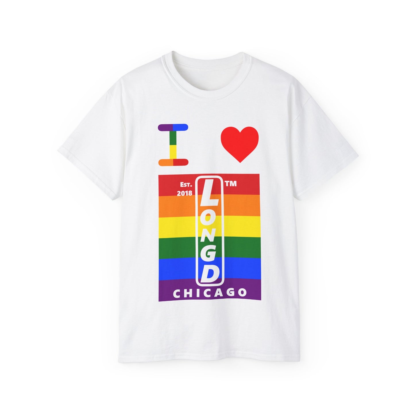 I Luv LongD Cotton Tee negative horizontal striped Chicago upright logo (Pride colors)