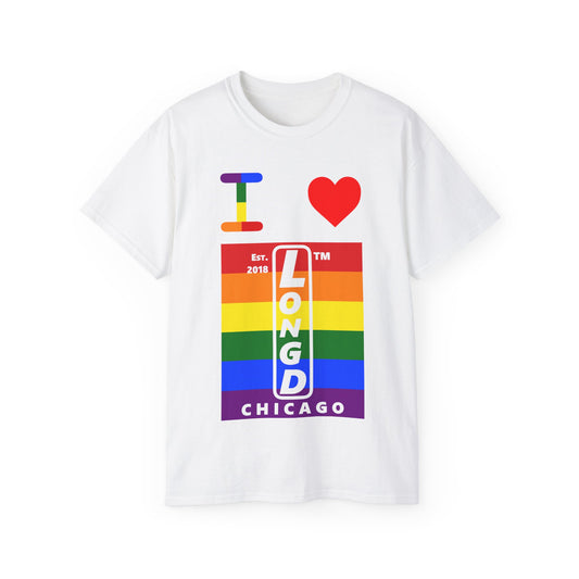 I Luv LongD Cotton Tee negative horizontal striped Chicago upright logo (Pride colors)