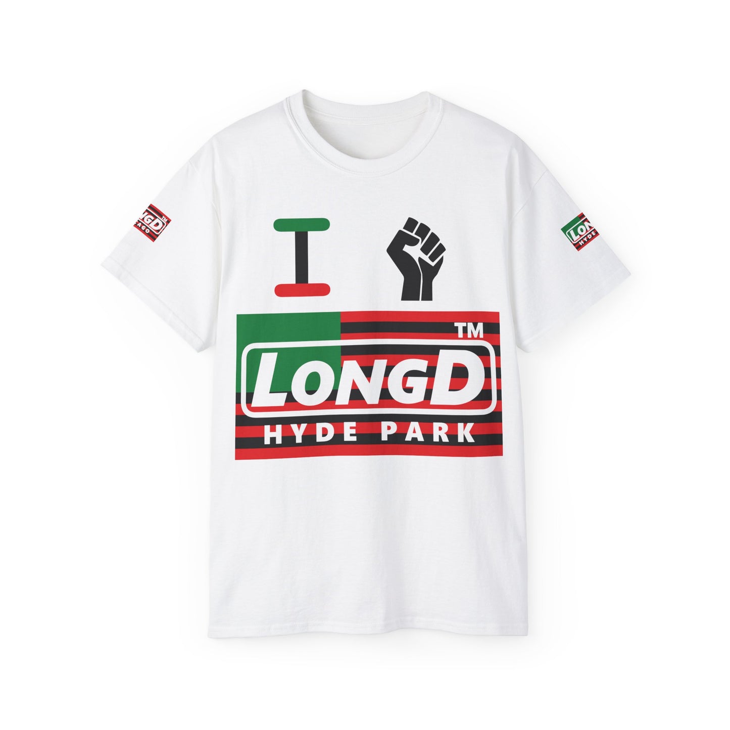 I fist LongD negative flag Hyde Park logo 4-print cotton tee