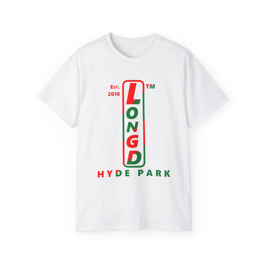 LongD Hyde Park positive upright pixel-weighted 4-striped logo (Xmas colors) cotton tee
