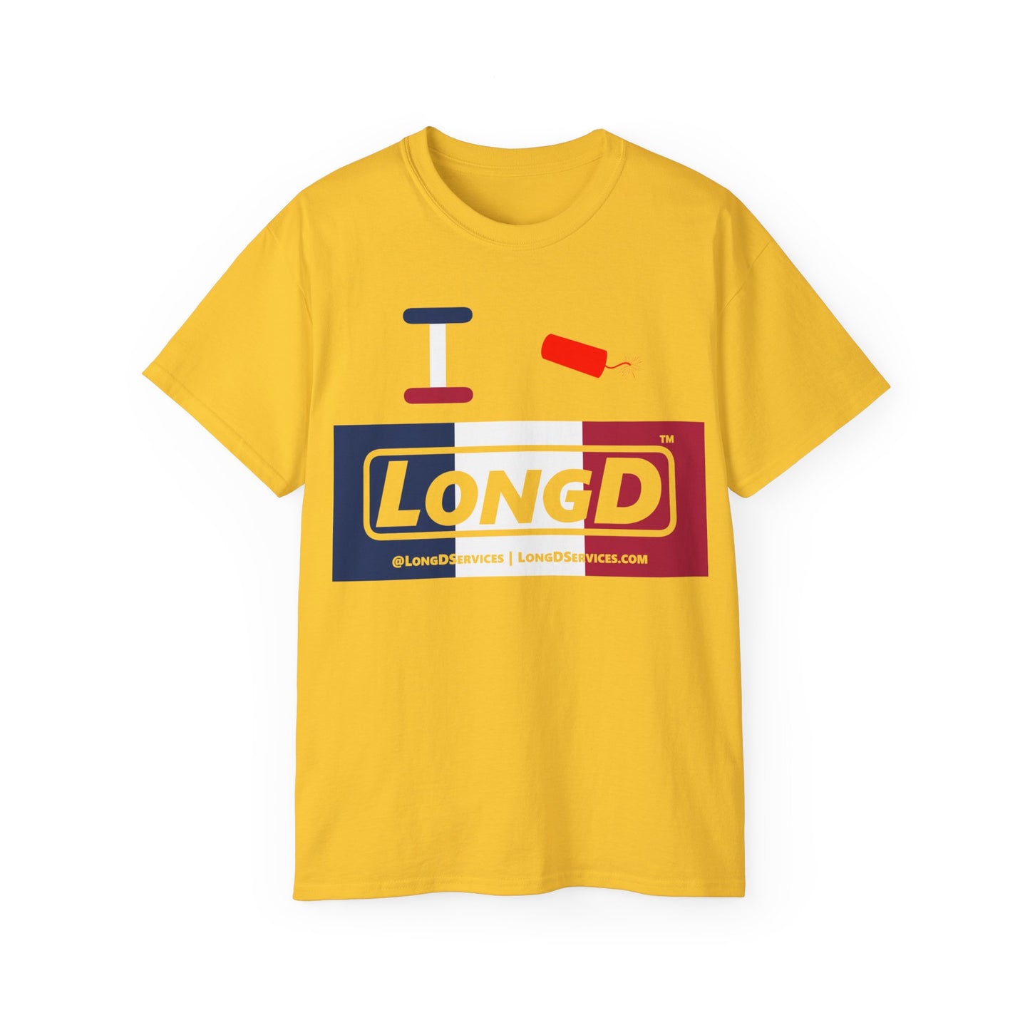 I Firecracker LongD® Logo Cotton Tee Blue, White and Red negative thirds text