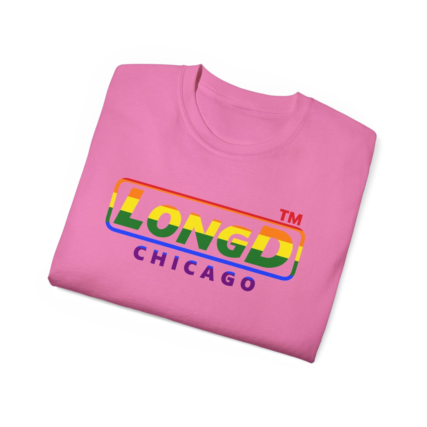 LongD positive vertical striped front-back Chicago logo cotton tee (Pride colors)