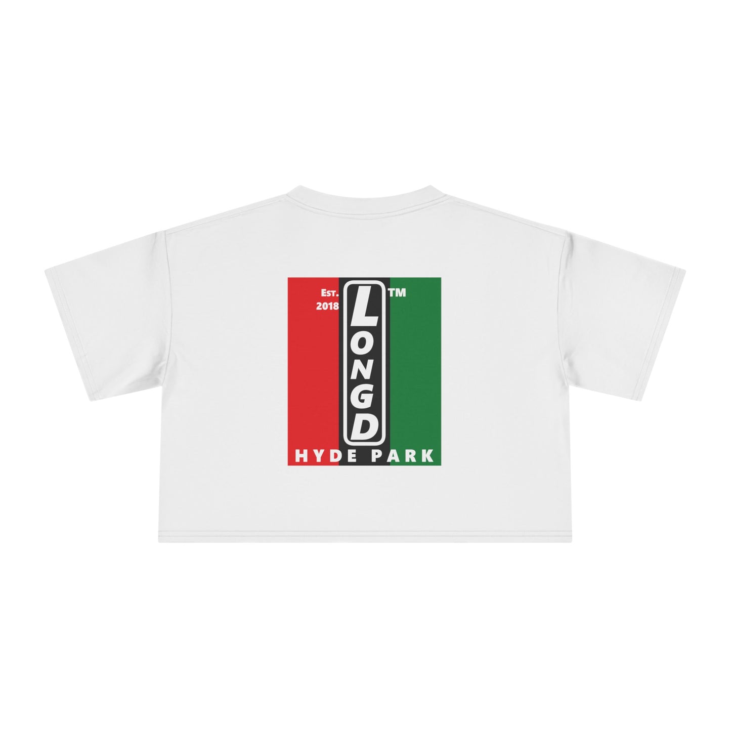 Negative vertical 3-striped upright front-back Hyde Park logo crop tee (Juneteenth colors)