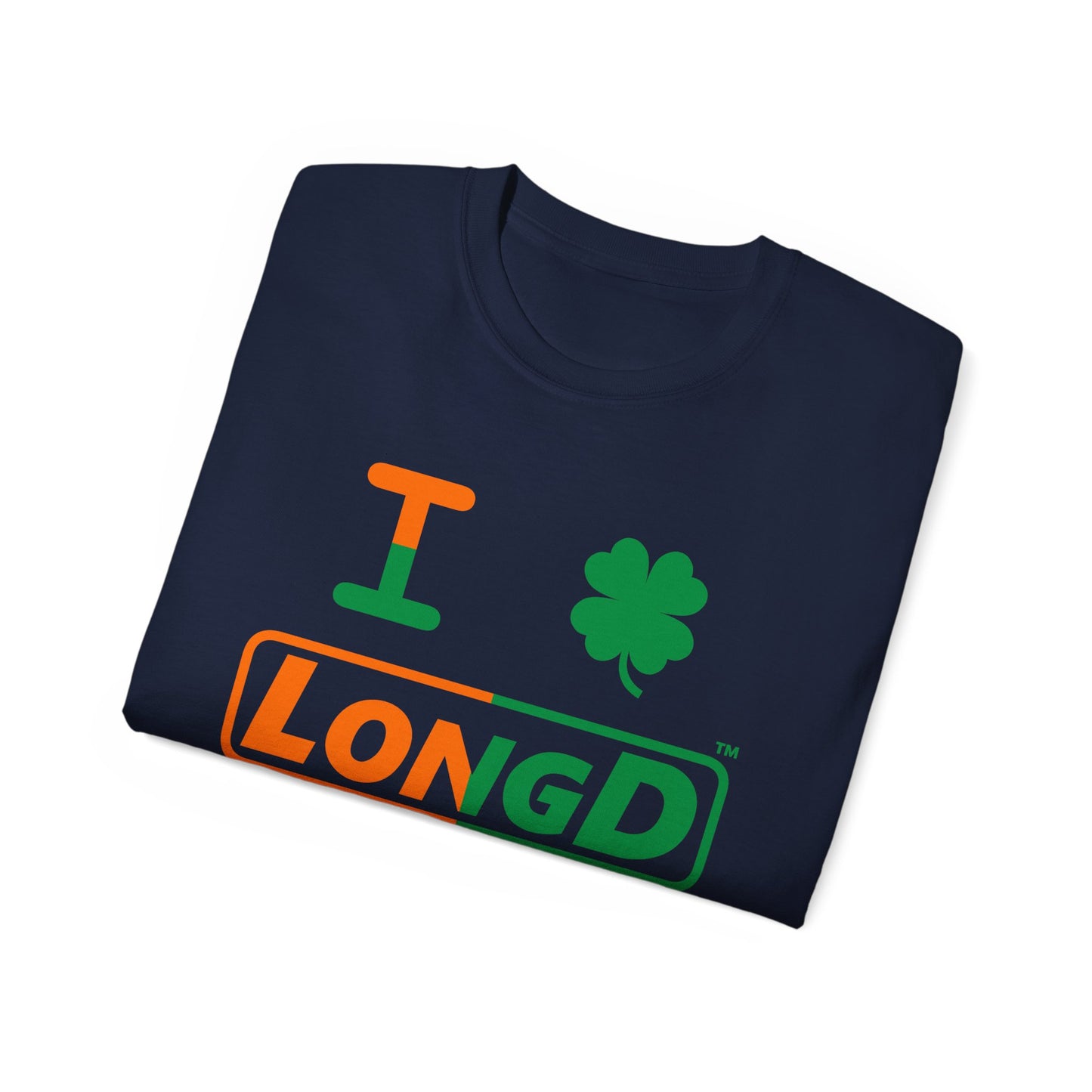 I Clover LongD® Logo Cotton Tee (St. Patrick's Day -Irish Green and Irish Orange right-left split with 4-leaf clover)